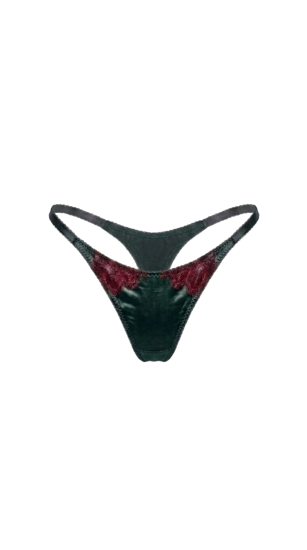 Product shot of the Kleo emerald satin thong with burgundy lace trim on a white background, highlighting the floral lace paneling and satin construction.