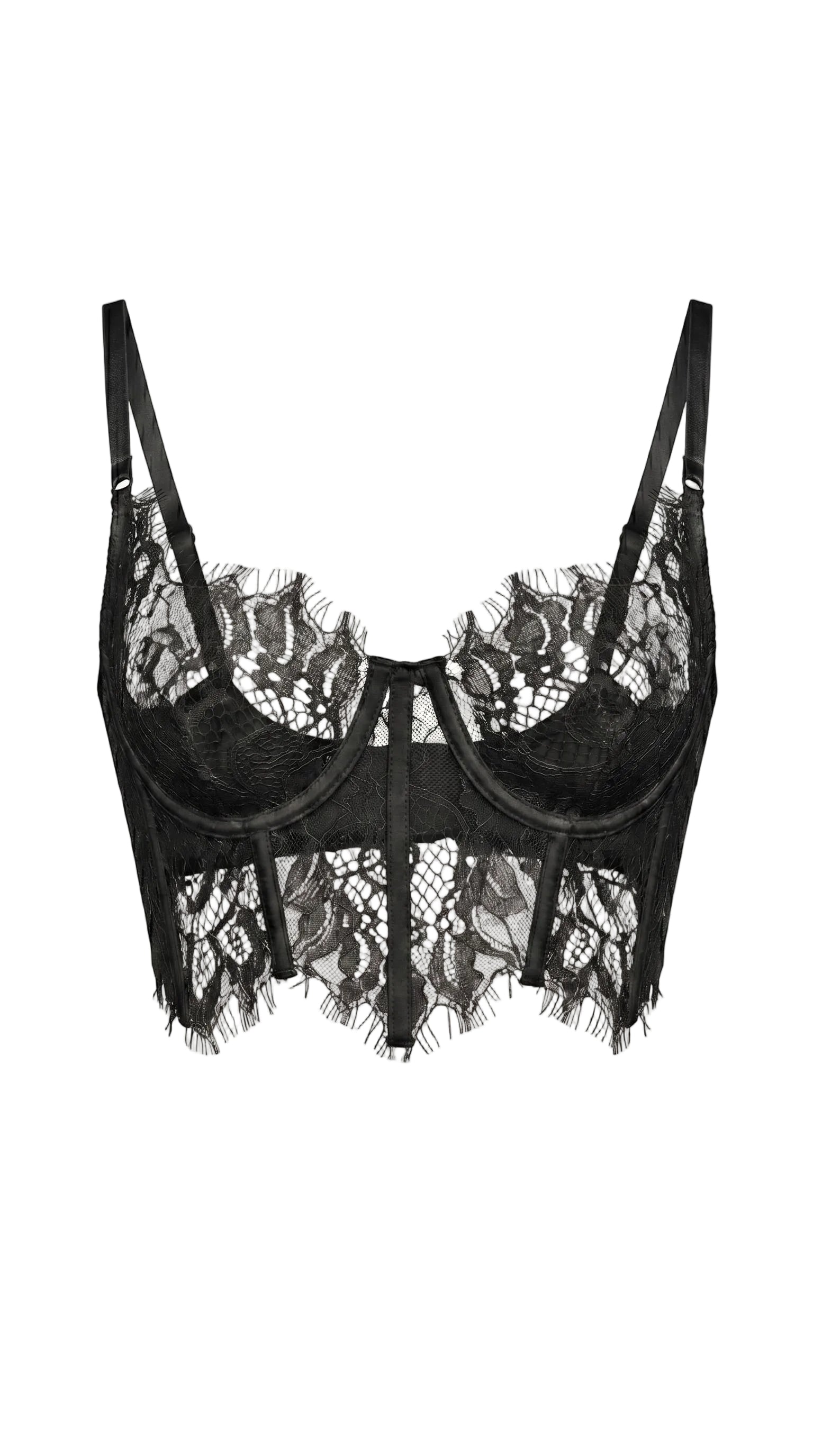 Detailed close-up of the adjustable straps and delicate lace weave on the black bra