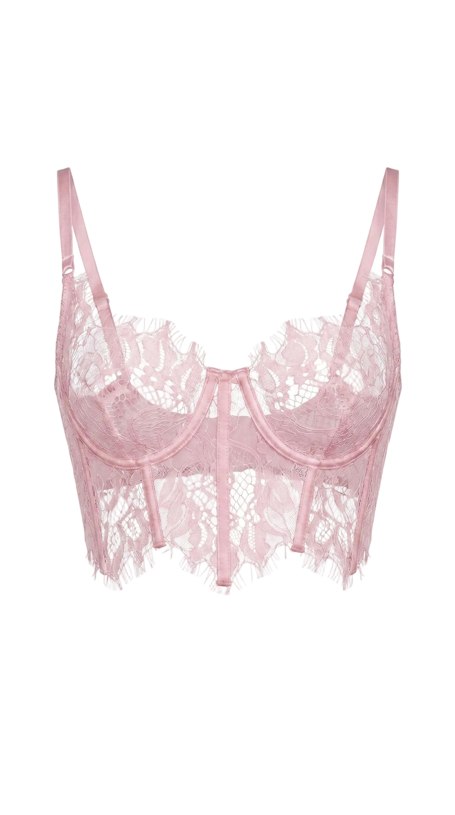 Close-up of the delicate pink floral lace panels and stitching on bodysuit