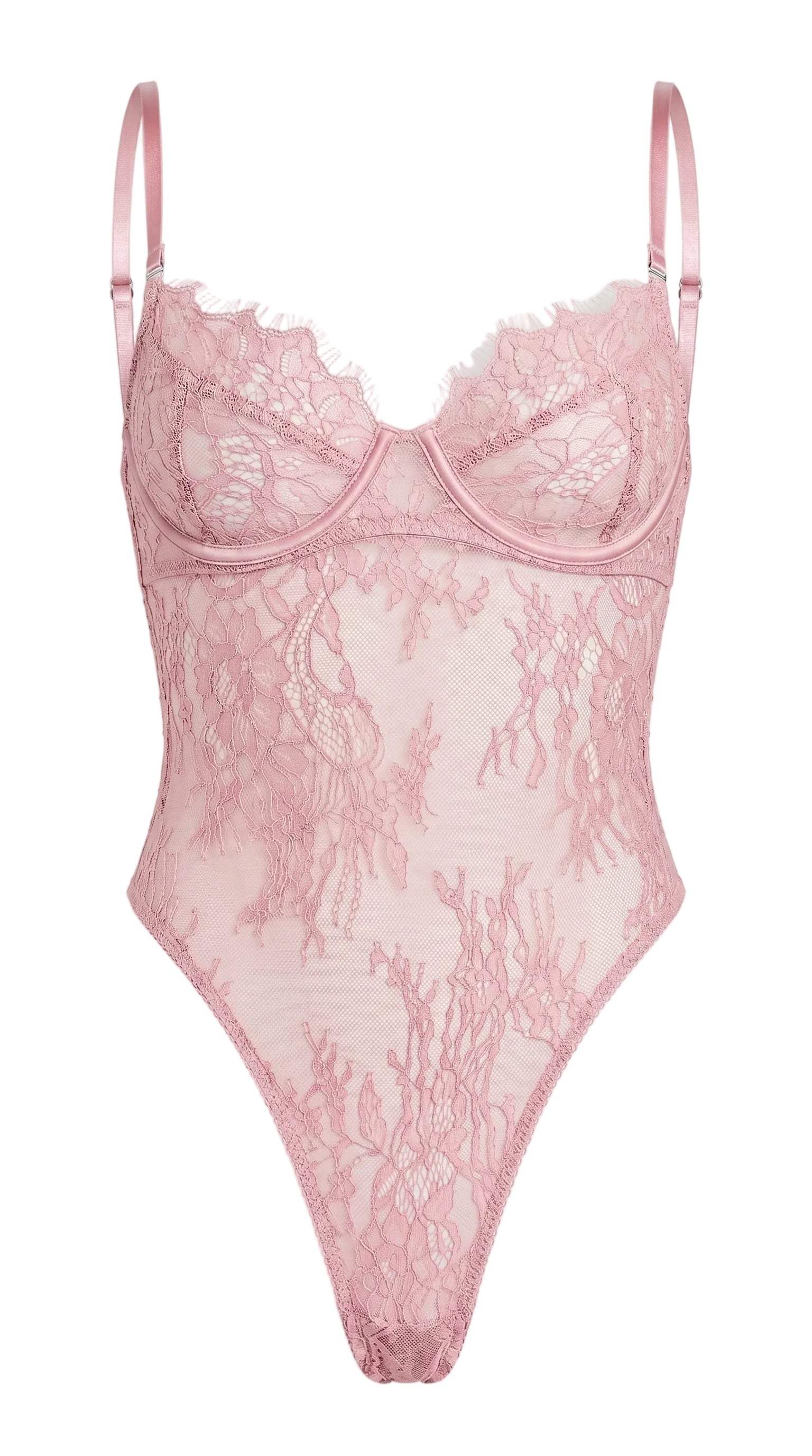 Detailed close-up of the adjustable straps and premium lace weave on the pink bra