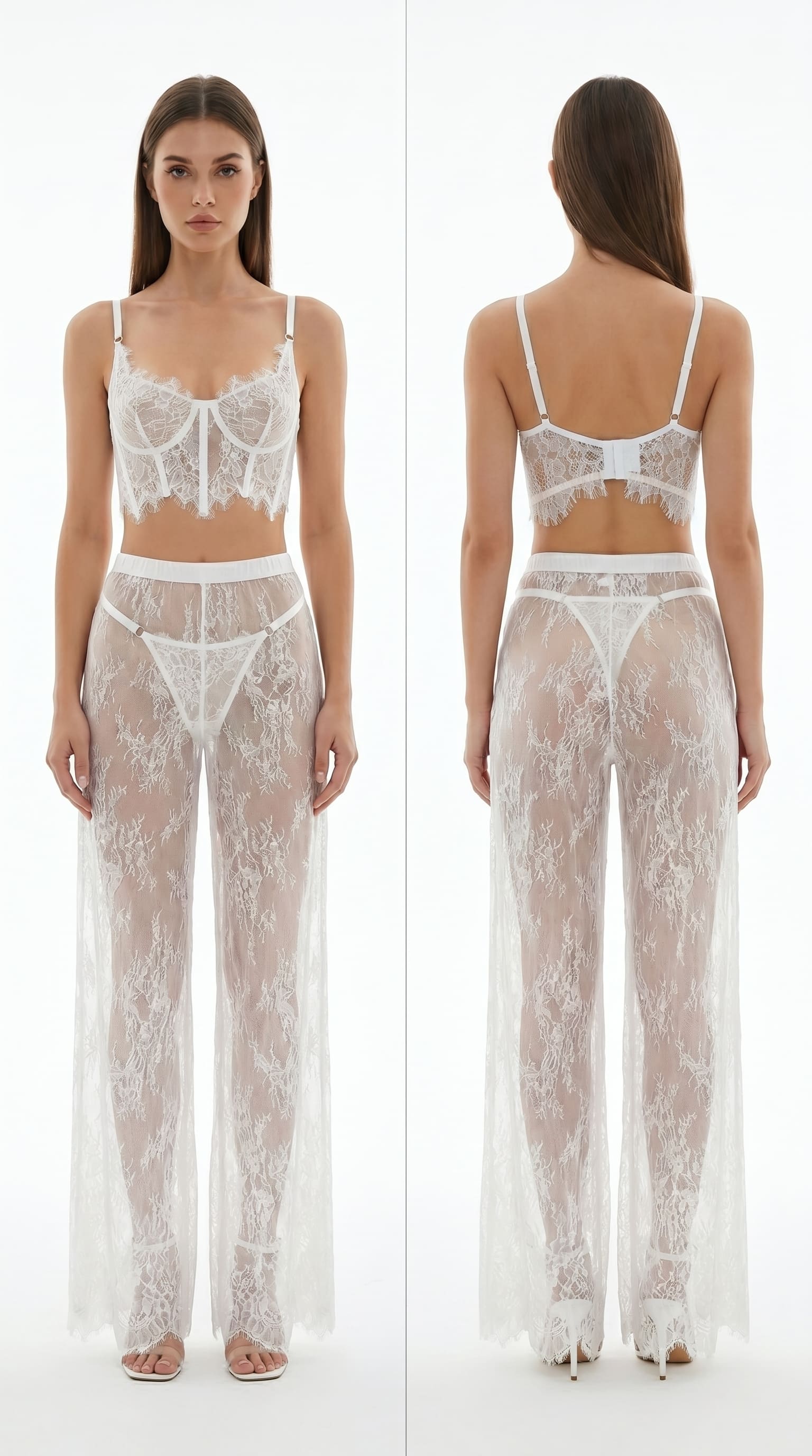 Studio presentation of the handmade white lace sheer bodysuit
