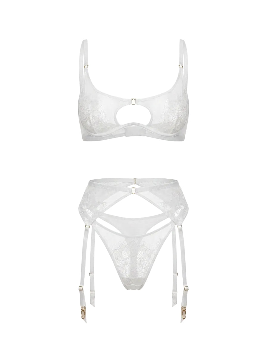 Erin three-piece lingerie set with geometric lace cutouts and gold hardware