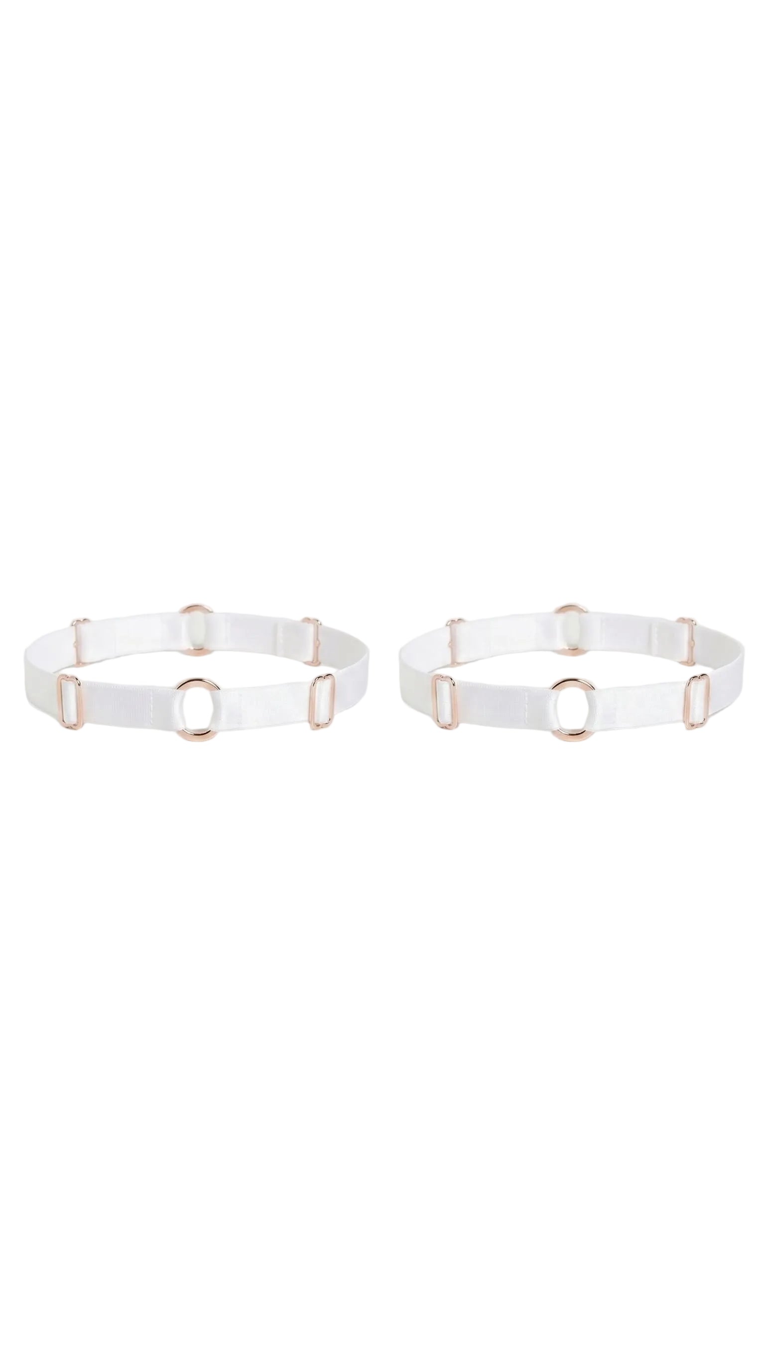 Bespoke white leg garter with gold-plated hardware and adjustable straps.