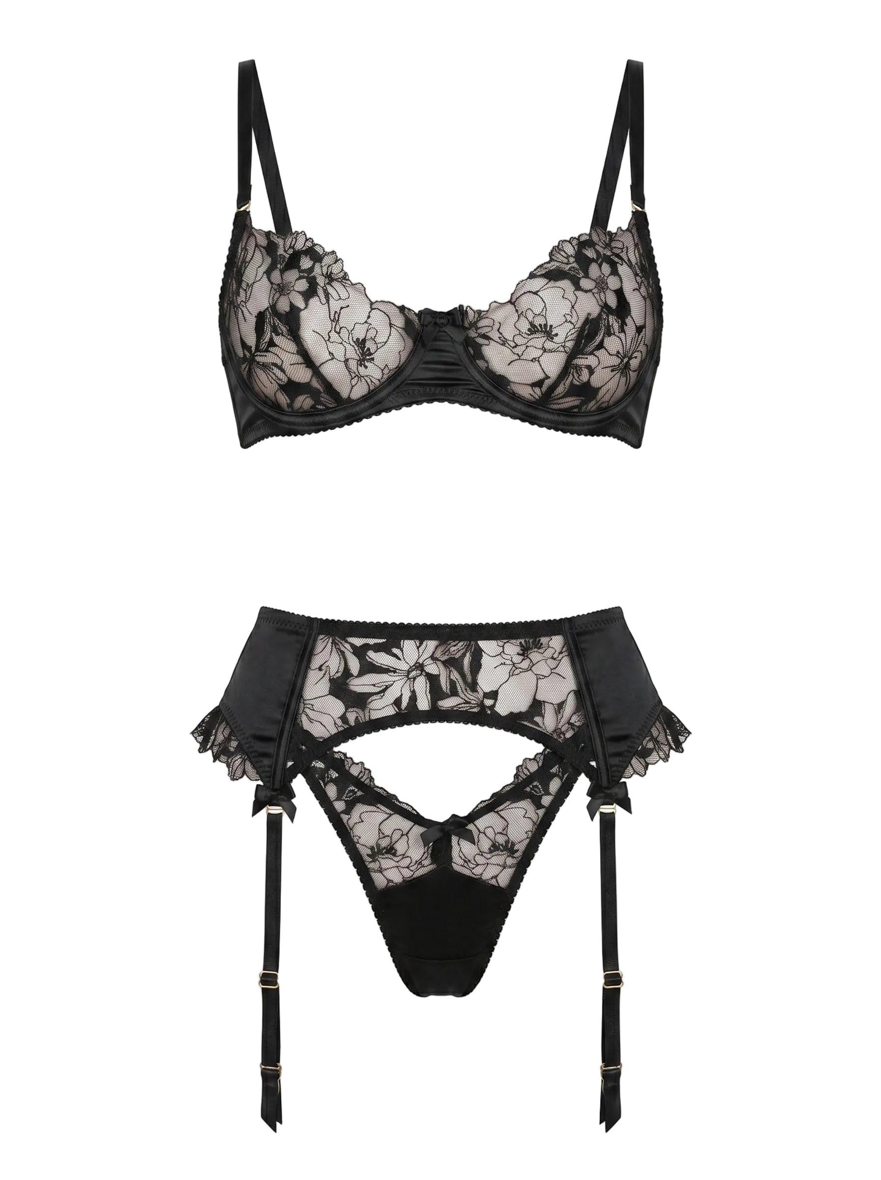 Front view of Lola Black 3-piece lingerie set featuring floral embroidery and ruffled garter belt.