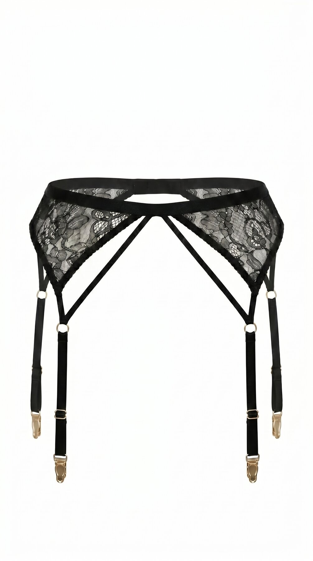 High-waisted Naomi black garter belt with architectural strapwork and delicate lace details.