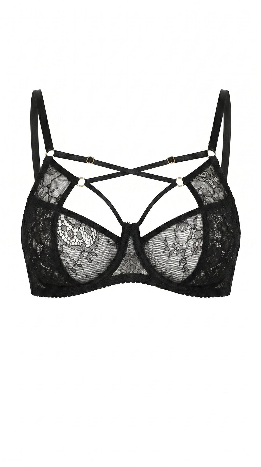 Naomi black lace bra featuring bold architectural straps and custom tailoring for a perfect fit.