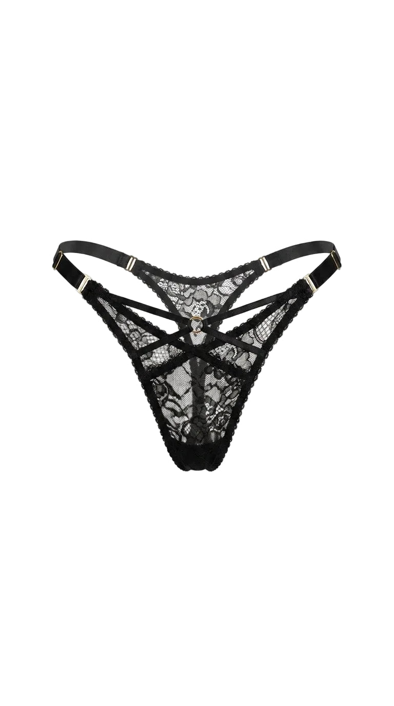 Naomi black artisanal lace thong with intricate noir embroidery and shadowy mesh.