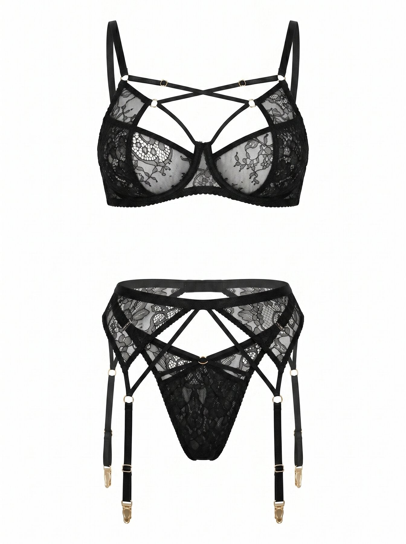 Naomi black bespoke lingerie set featuring noir lace and architectural strapwork - collection view 2