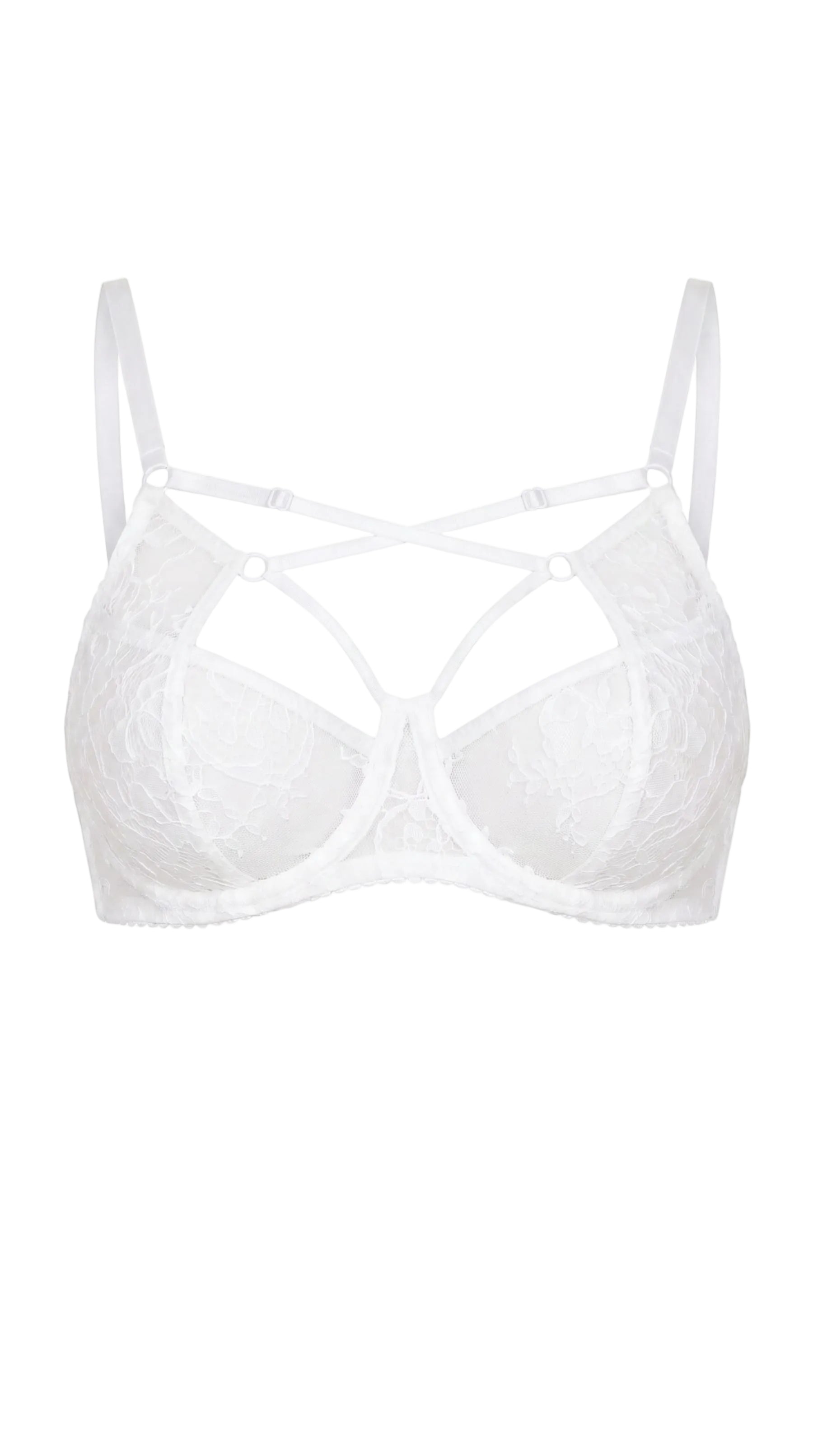Detailed view of premium bridal lace and translucent straps on the Naomi White set.