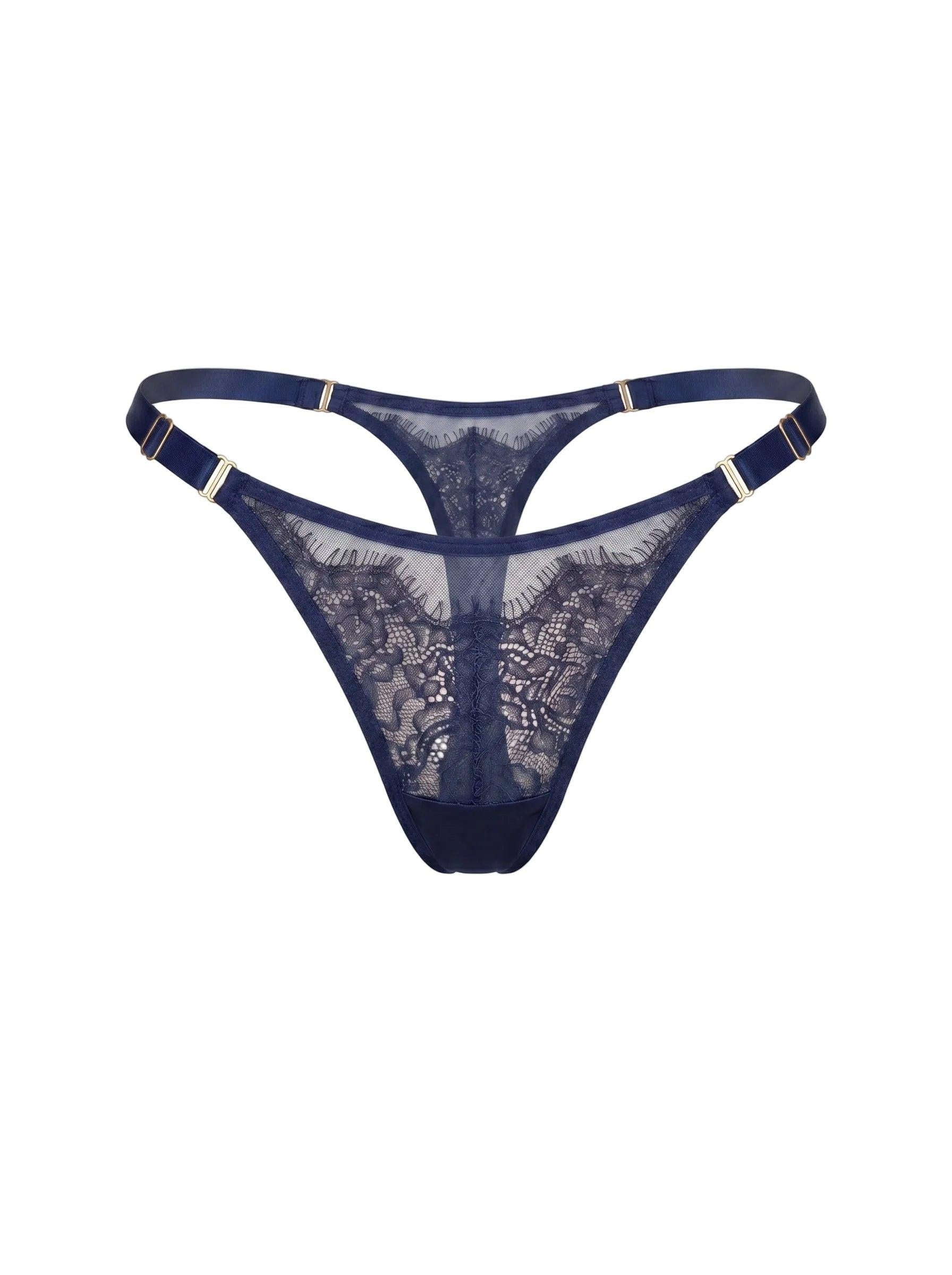 Front view of Odri Blue thong panties featuring navy lace and adjustable straps.