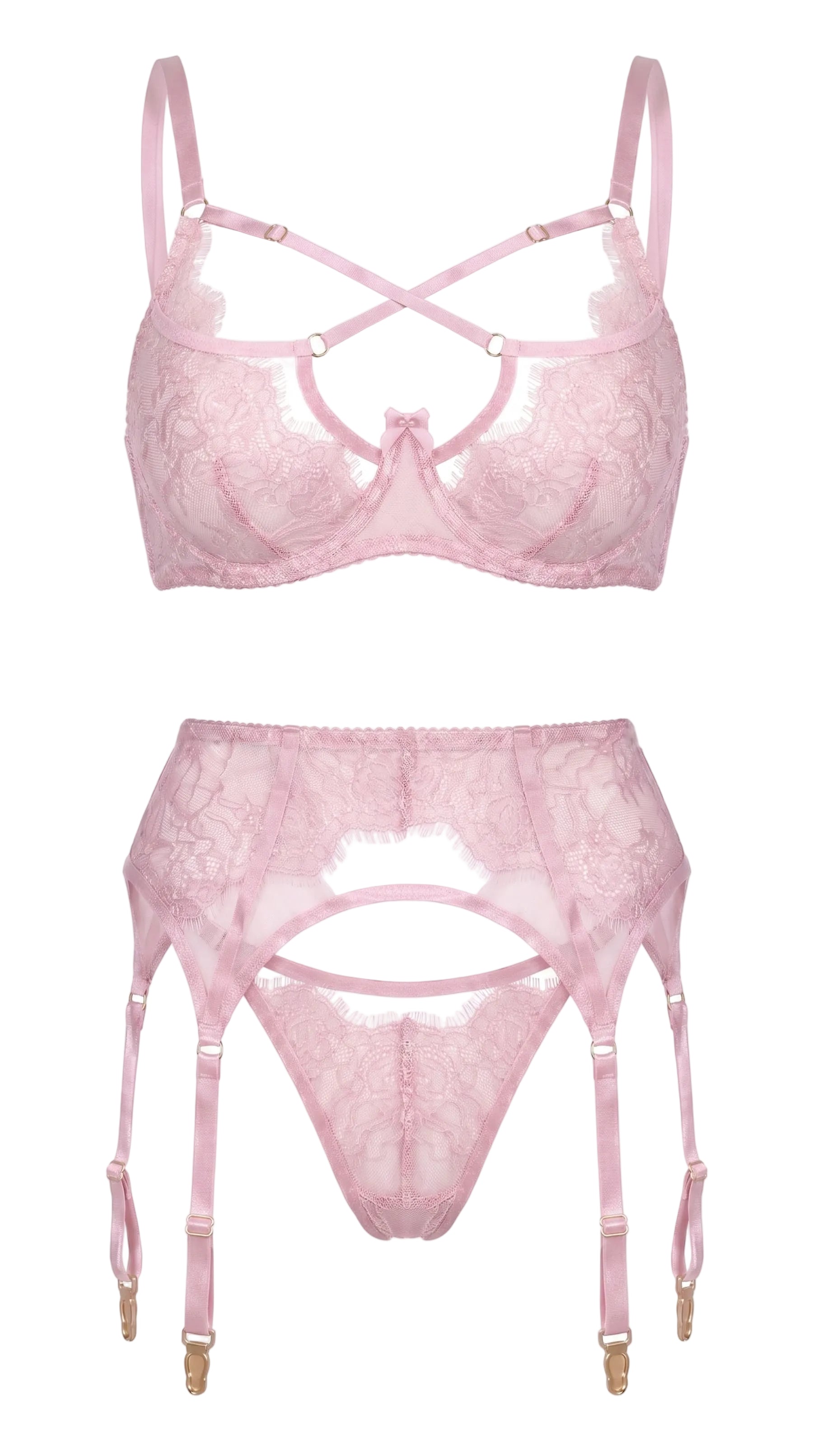 Macro view of delicate pink Chantilly lace on the soft-cup architectural bra.
