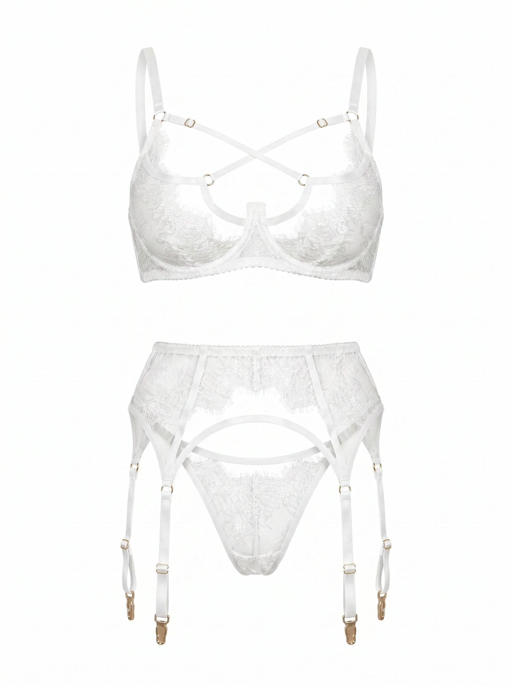 Front view of Odri White 3-piece lingerie set featuring white Chantilly lace, strappy bra, and garter belt.