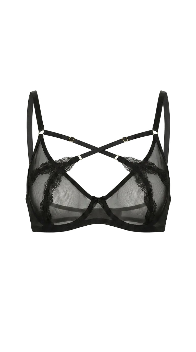 Tailored black sheer bra Provocation with criss-cross strap detailing.