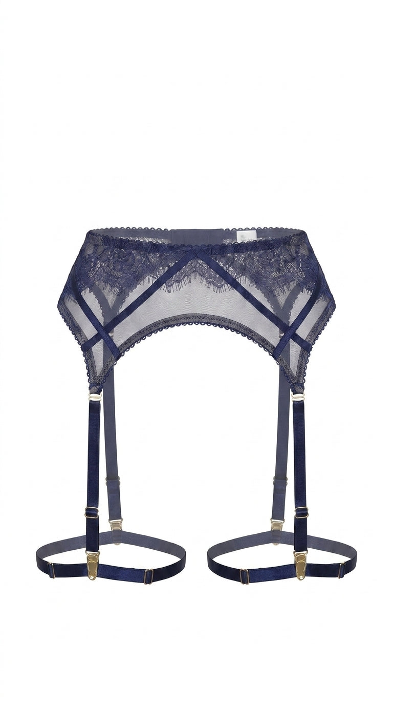 Bespoke three-piece blue lingerie collection Sapphire with high-waisted garter belt.
