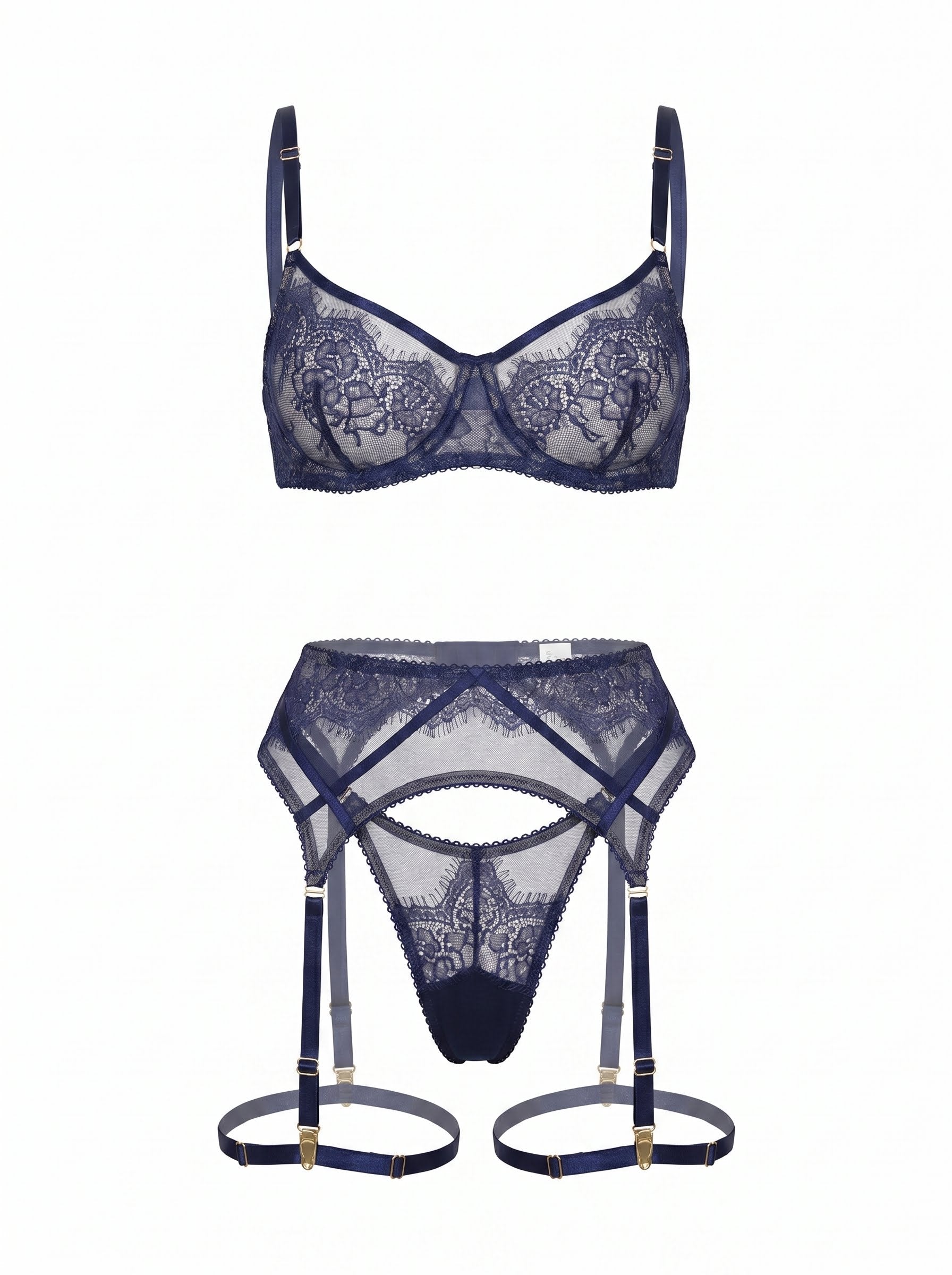 Regal Sapphire blue lingerie set featuring intricate cobalt floral lace and architectural mesh.
