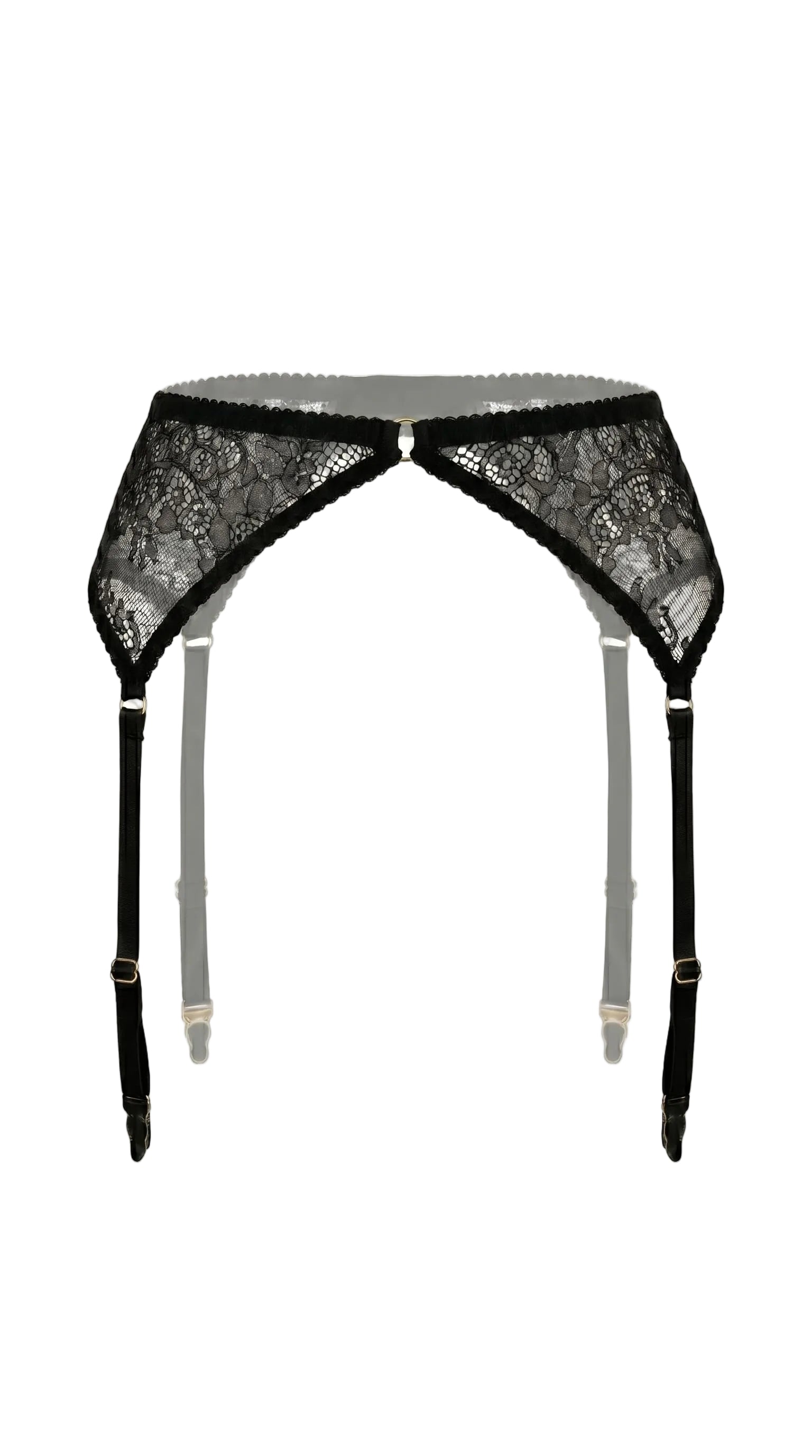 Handcrafted raw noir lace bra and matching garter belt from the Savage collection.