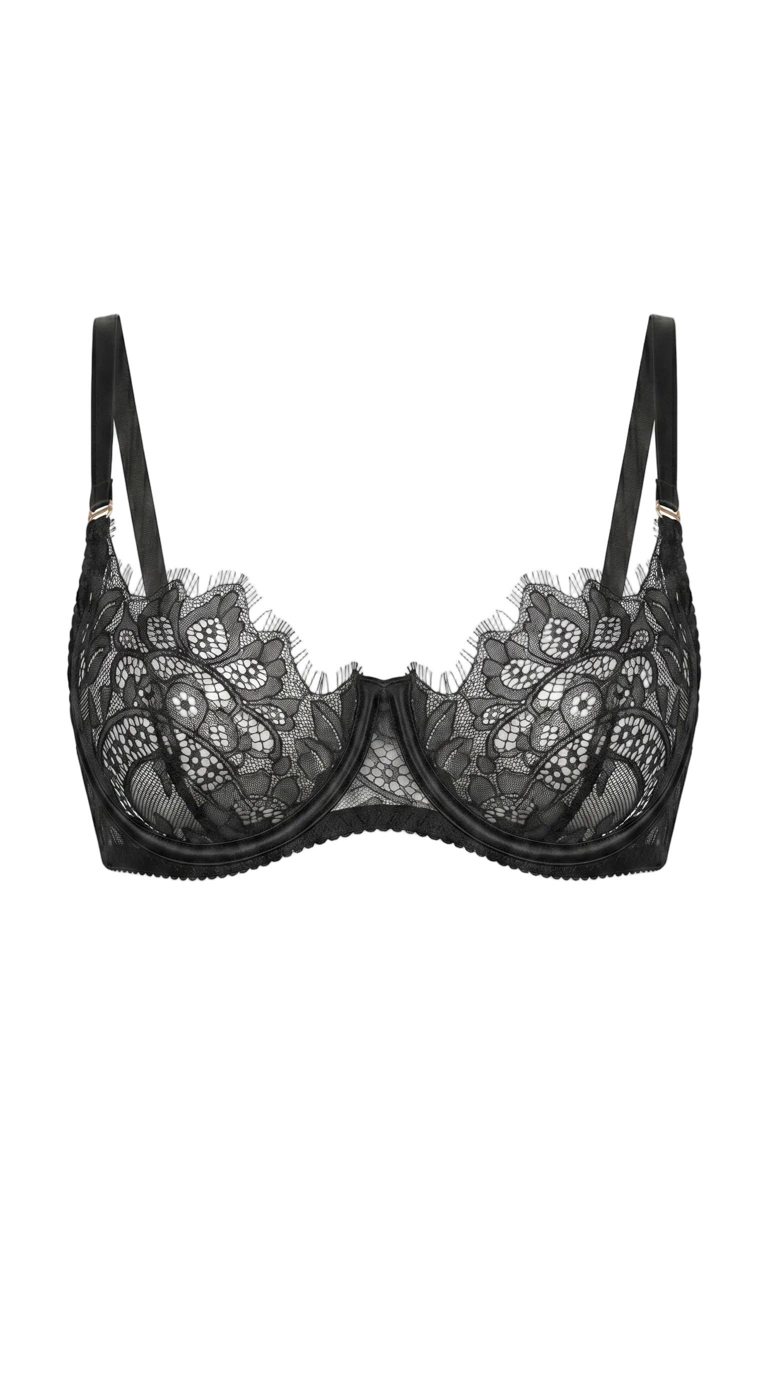 Savage black lace bra featuring architectural mesh panels and custom precision tailoring.