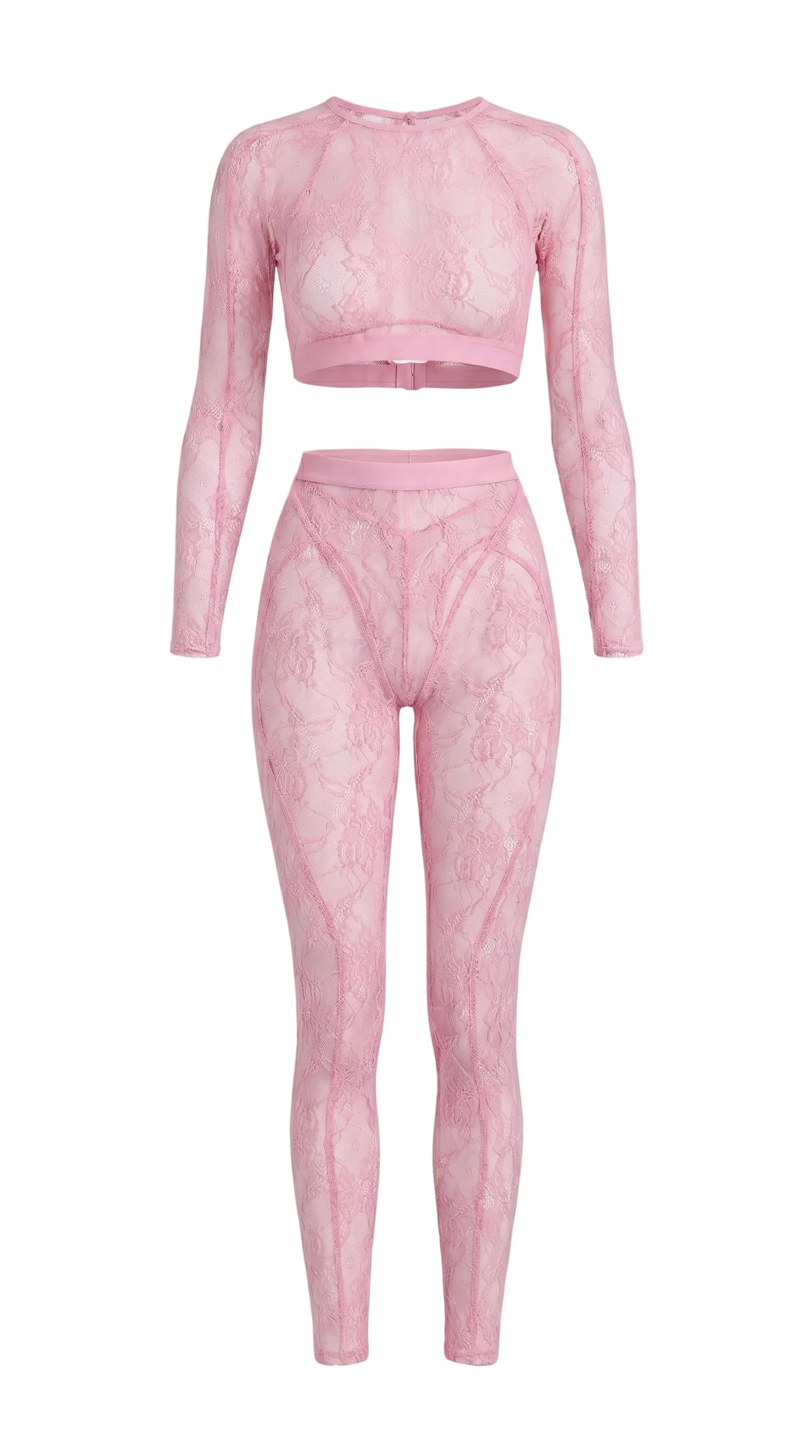 Bespoke pink Sensual Edge lace suit with architectural open-back detail.