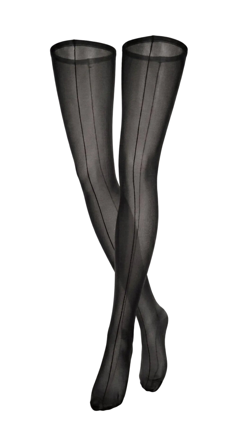 Front view of sheer black stockings with a fine contrast back-seam line.
