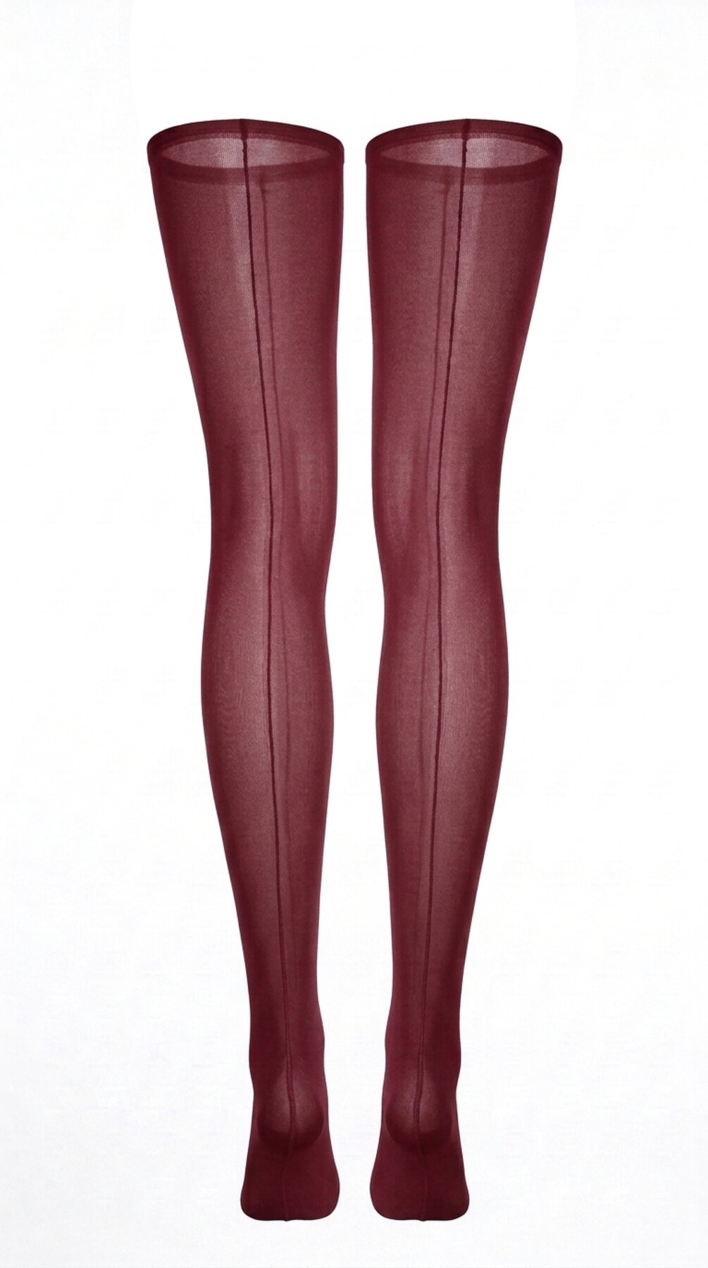 Back view of sheer bordeaux stockings, showing the seam running the length of the leg.