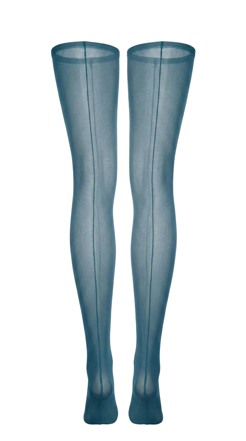 Back view of sheer emerald stockings, showing the seam running the length of the leg.