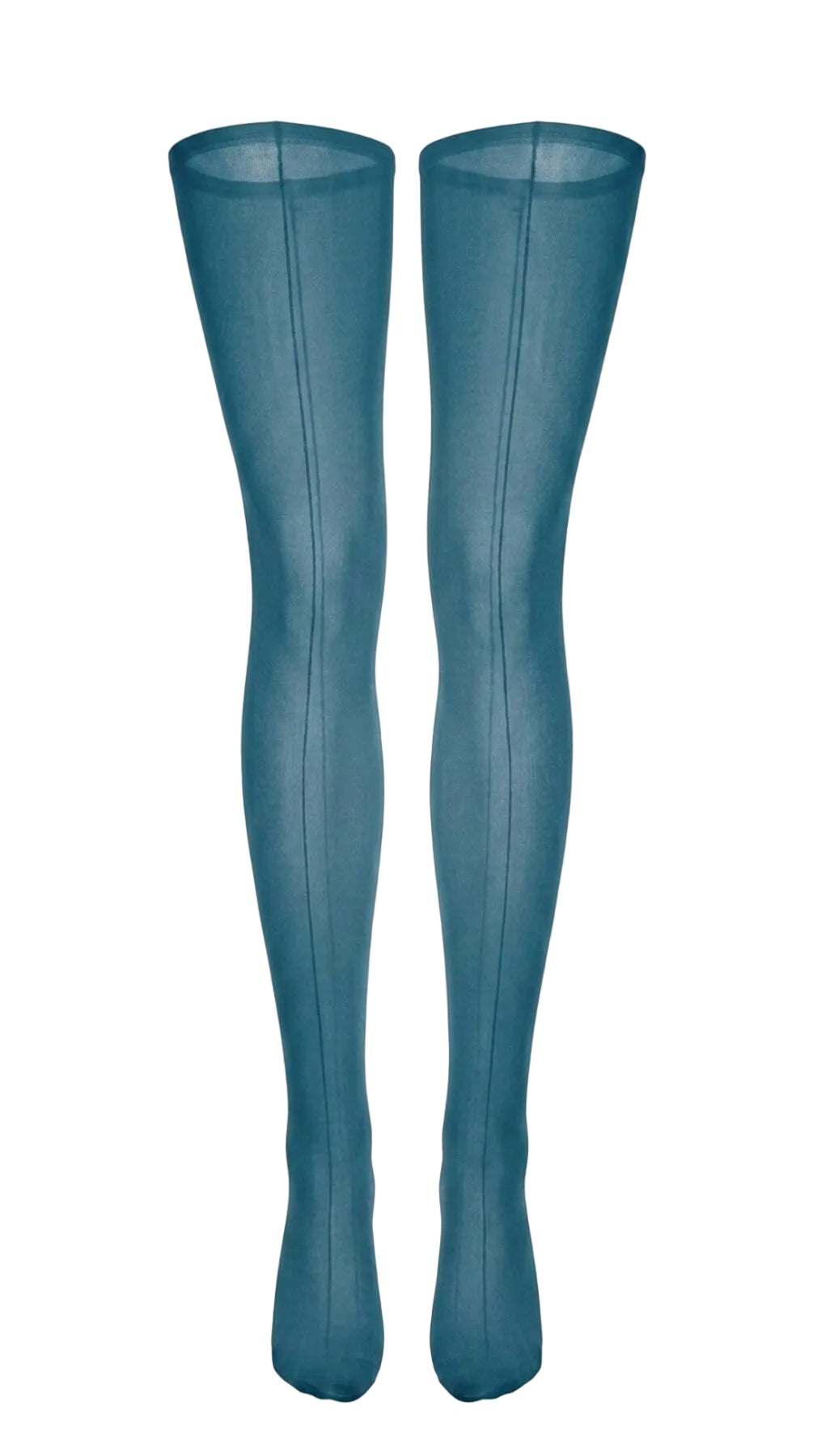 Close-up front view of sheer emerald stockings showing the back-seam detail.