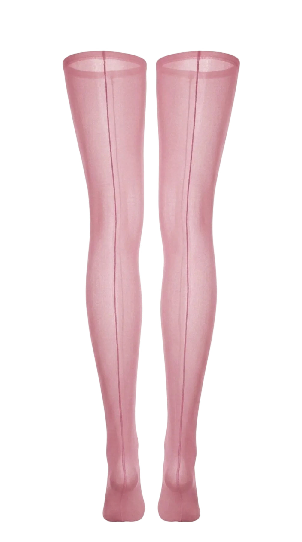 Back view of sheer pink stockings, showing the seam running the length of the leg.