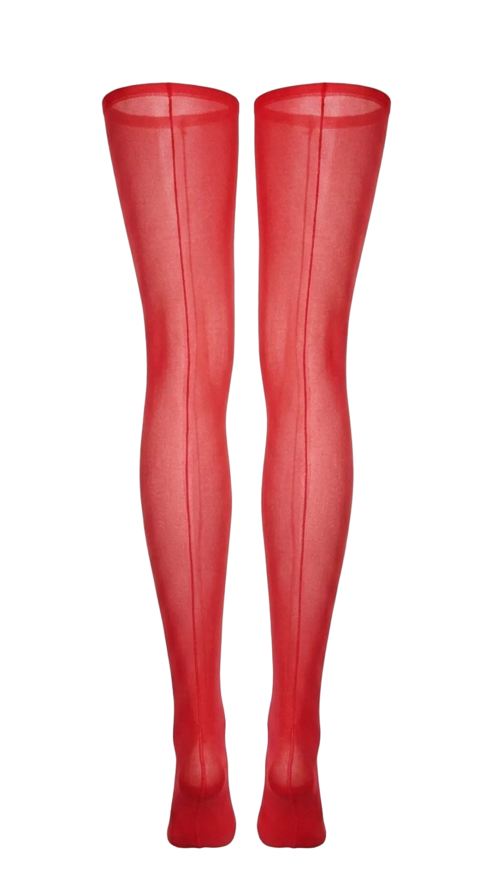 Back view of sheer red stockings, showing the seam running the length of the leg.