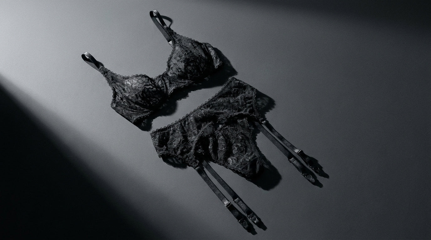 Black lace lingerie set including a bra and matching panty with attached garter straps, photographed on a dark gray background with dramatic diagonal lighting.