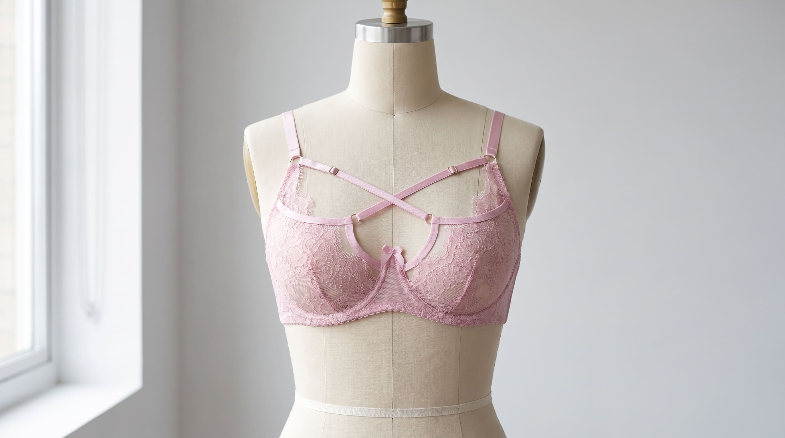 A light pink lace underwire bra displayed on a cream-colored dress form mannequin, positioned in front of a softly lit window.