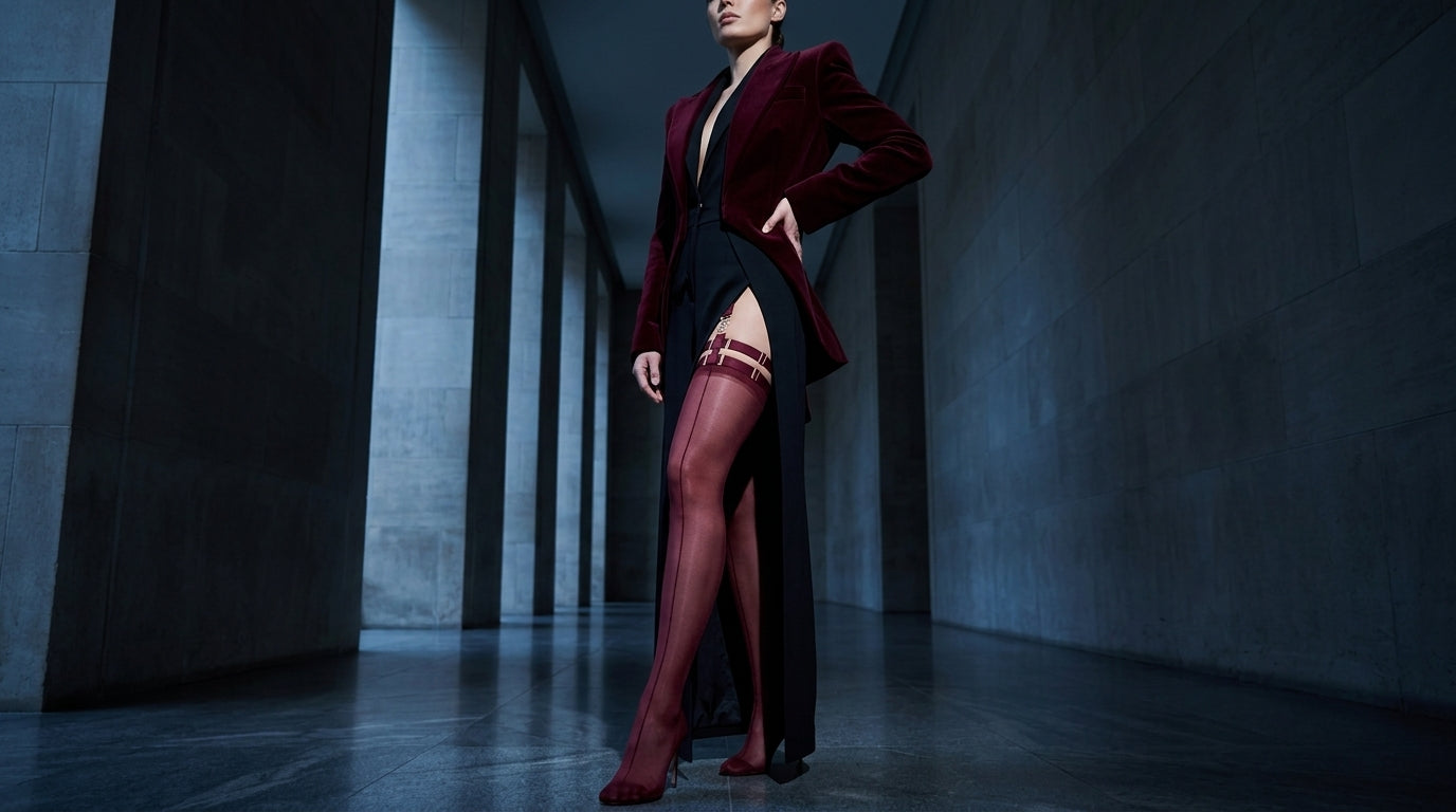 Full-length shot in a columned corridor, burgundy garter stockings with visible strap hardware worn over a black slit dress under a velvet blazer, structured silhouette