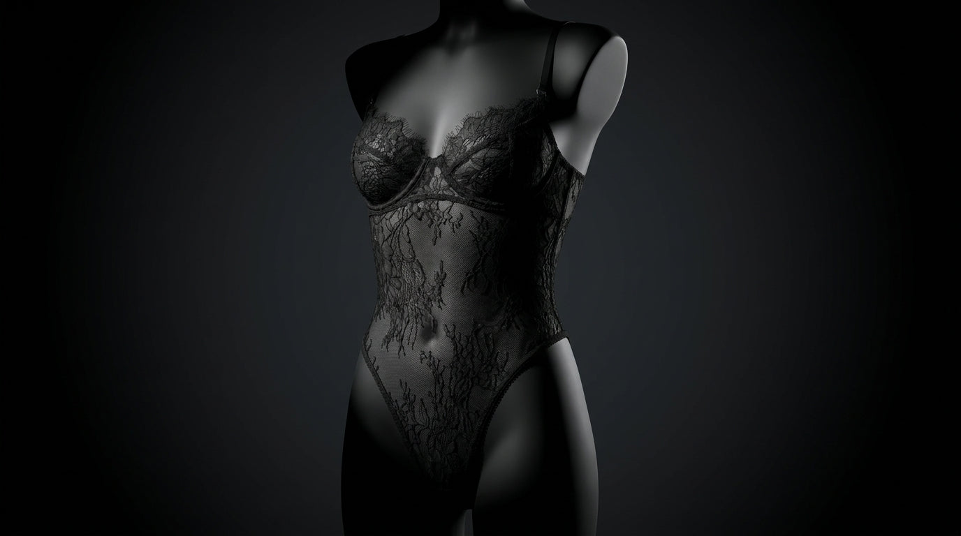 Three-quarter view of a black lace bodysuit's architectural strap structure against a dark backdrop