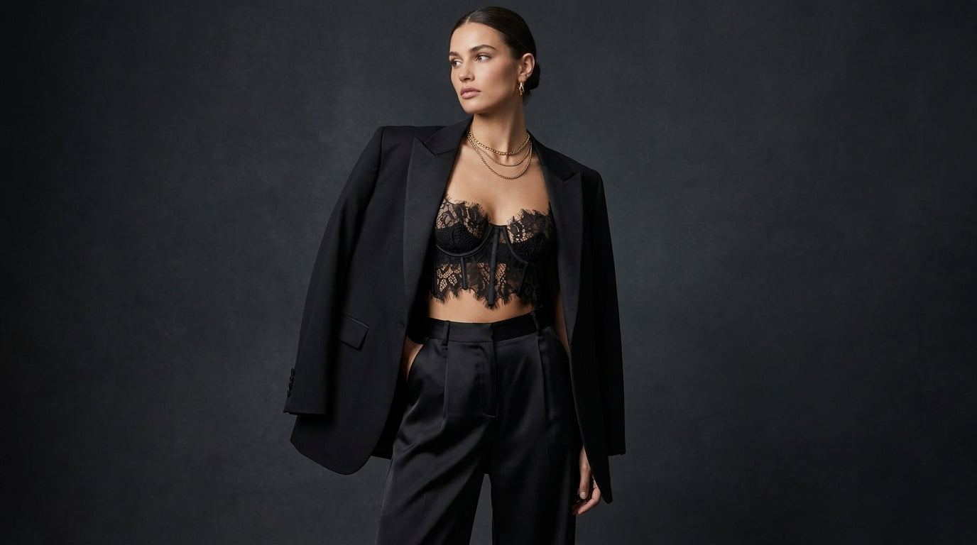 Three-quarter view of a plunge-neckline bra with a deep angled center gore, worn as part of a full styled look