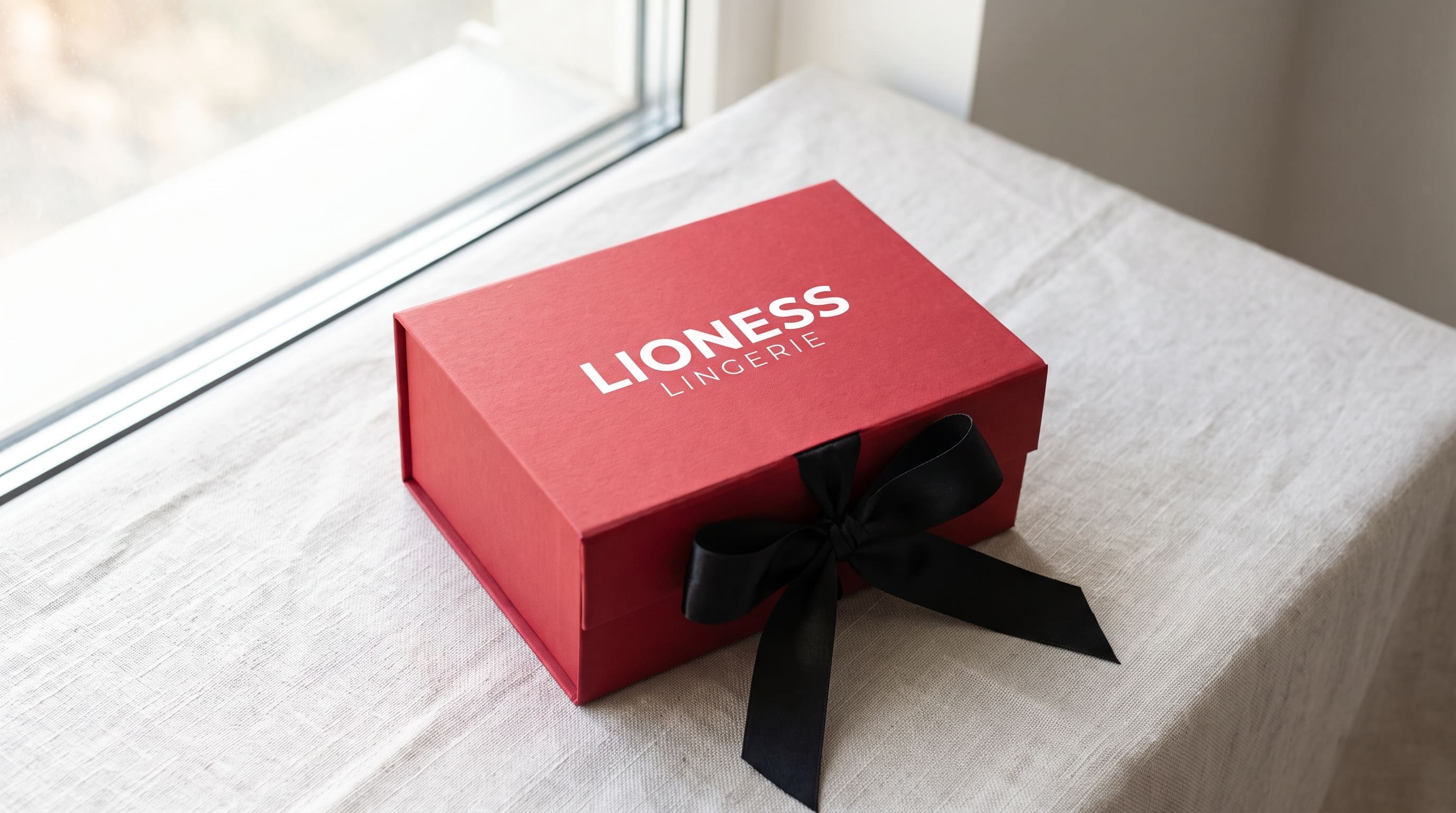 A red square gift box with white 'LIONESS LINGERIE' text and a black ribbon bow, placed on a light fabric-covered table near a window.