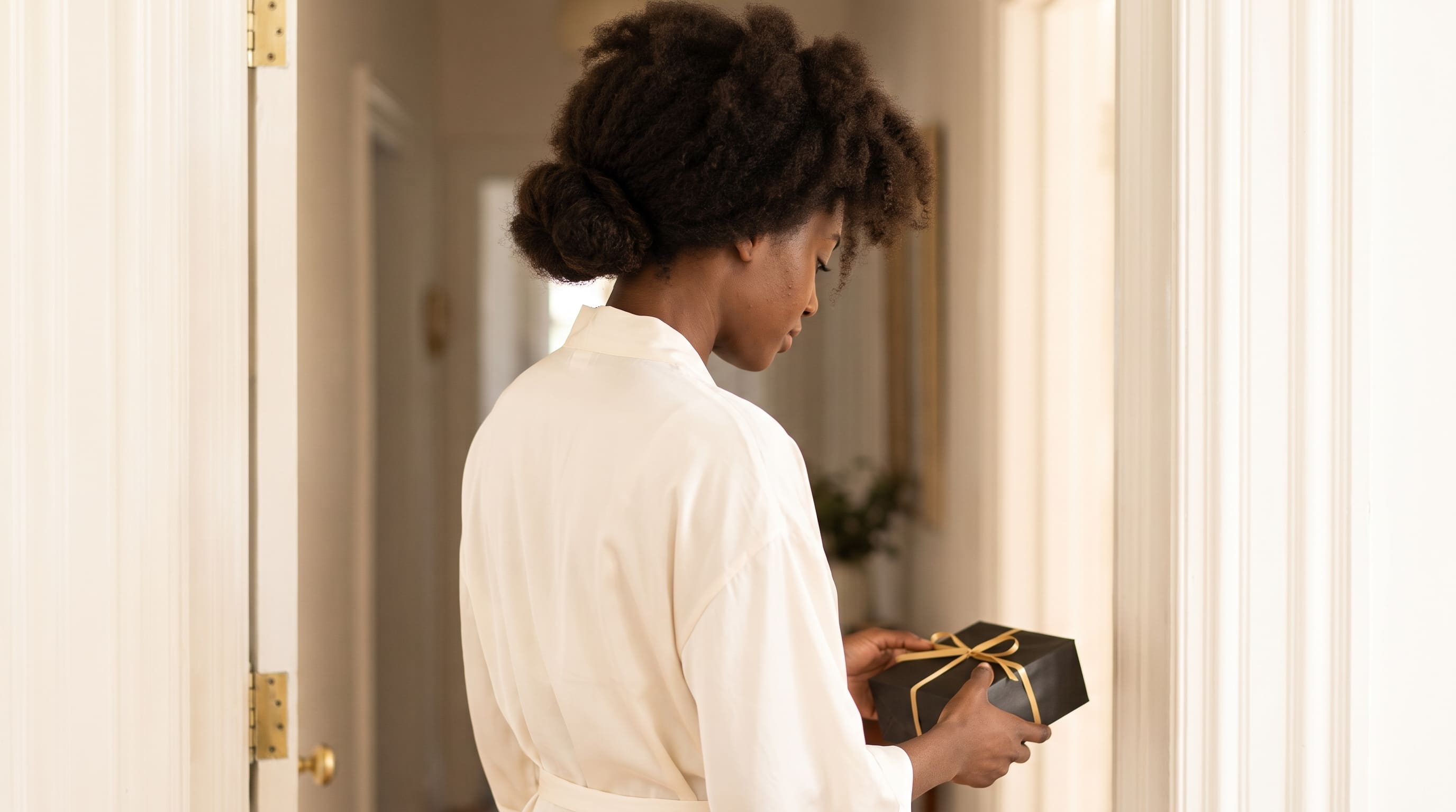 Woman receiving a black kraft-paper package tied with gold ribbon at her front door in morning light