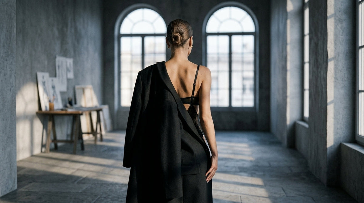 Three-quarter view of a structured black lingerie set worn beneath an open tailored coat in a stone-walled atelier interior, showing the architectural strap construction.