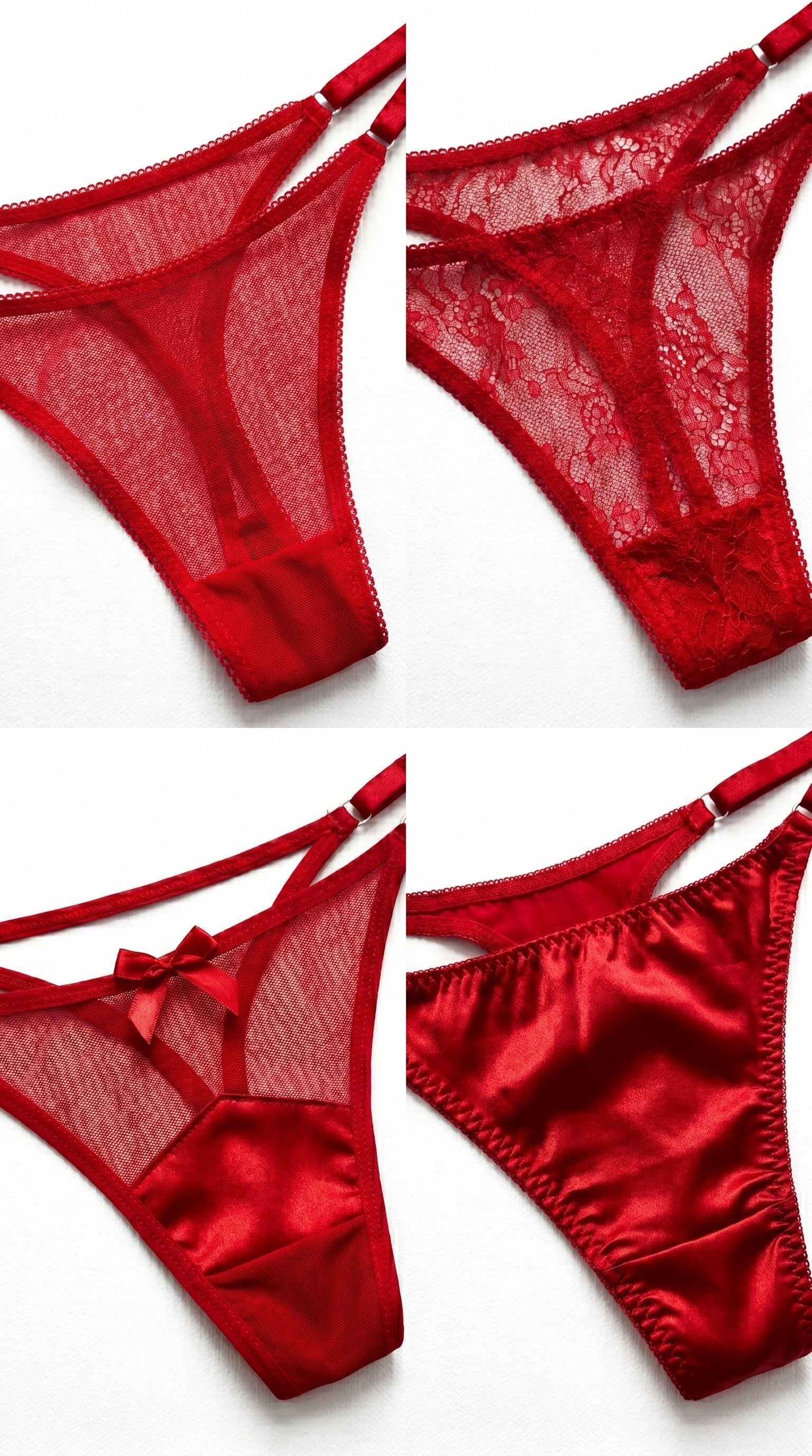 Flat-lay grid of four red lingerie panty styles, including mesh, lace, and satin with a bow detail.