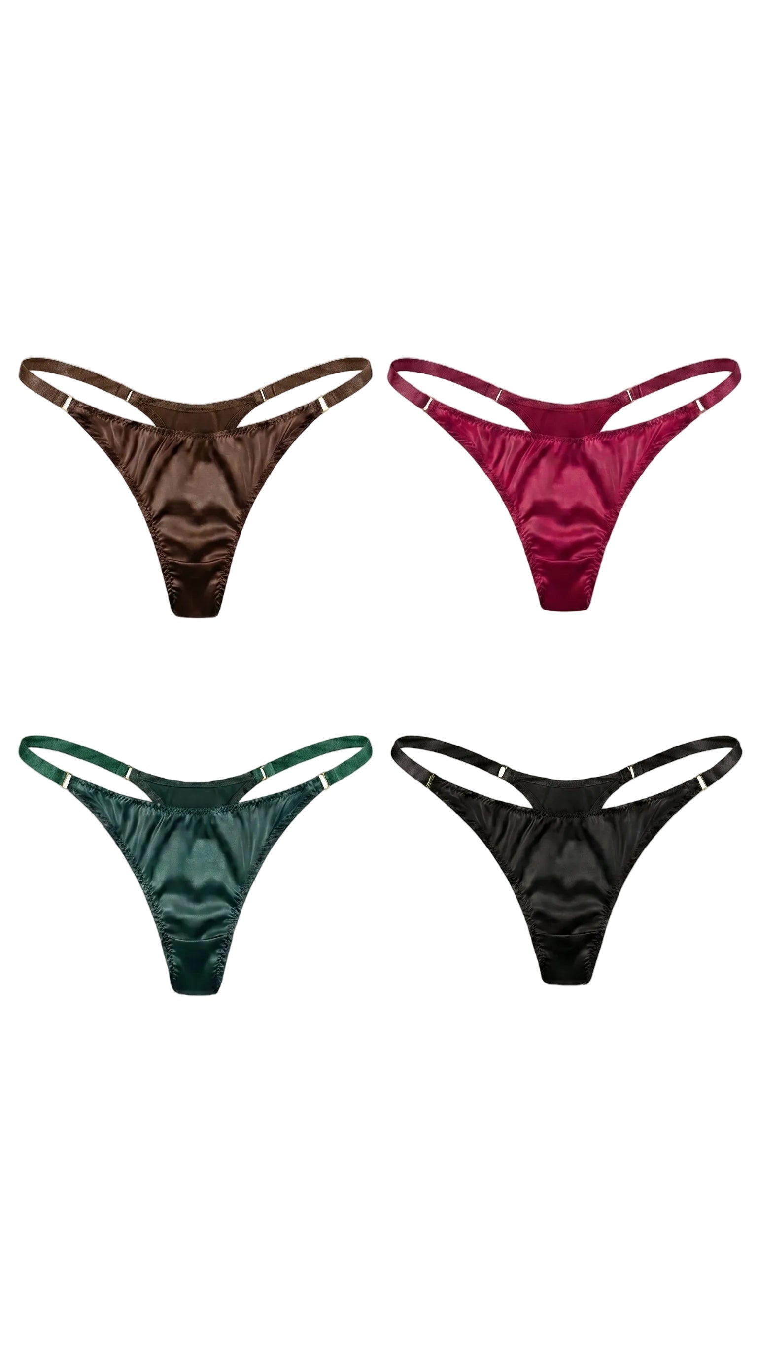 Flat-lay of four satin thongs in brown, burgundy, dark green, and black.