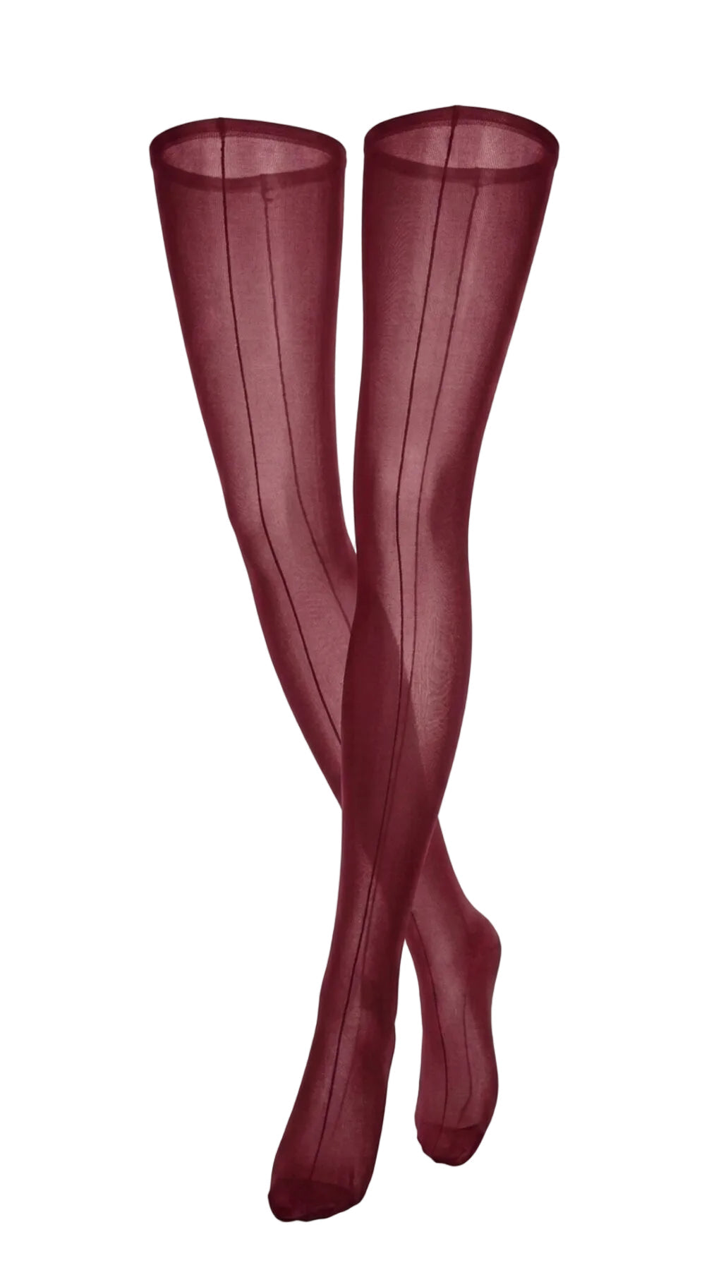 Front view of sheer bordeaux stockings with a fine contrast back-seam line.