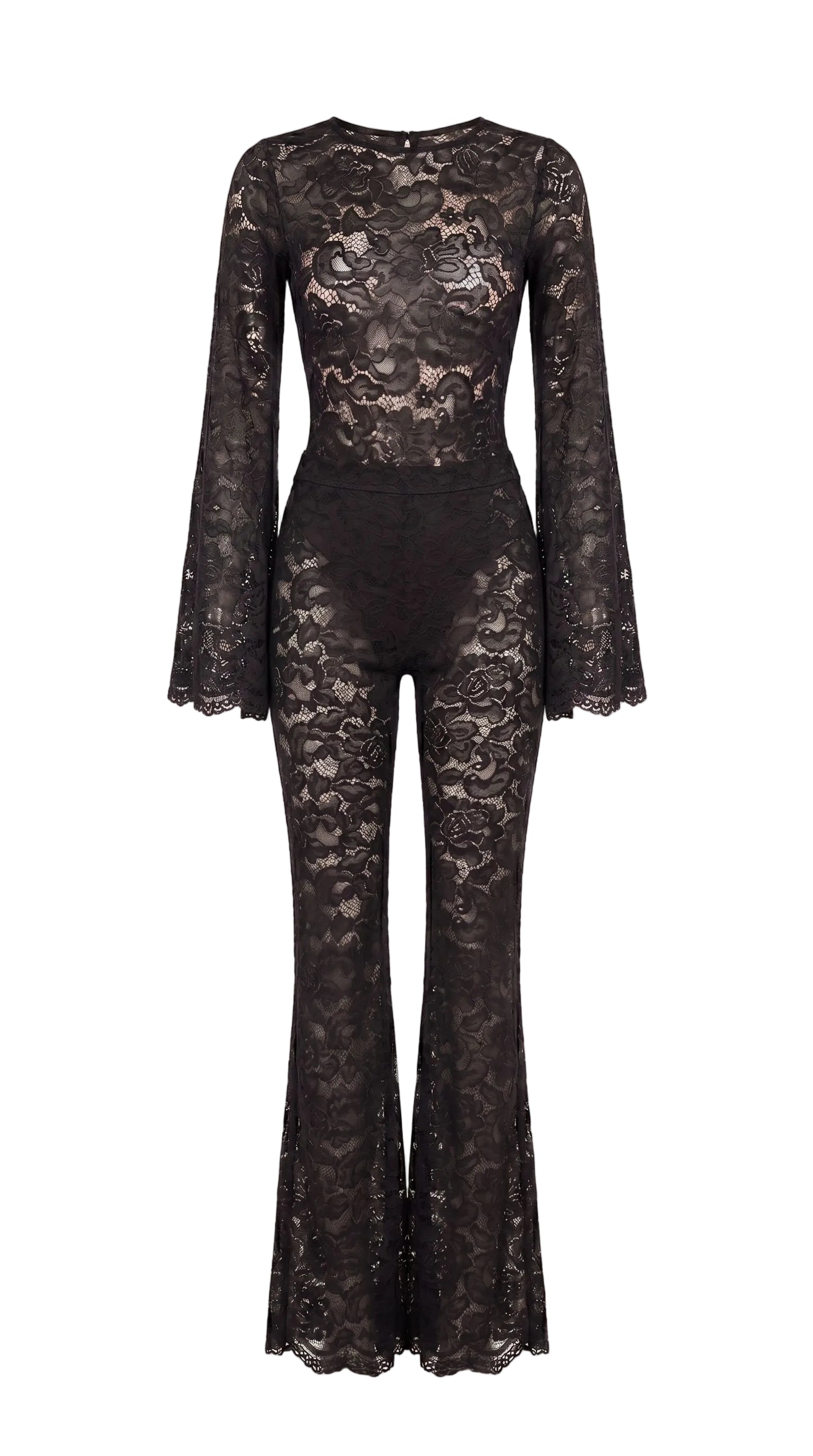 Regal black Amalia Empress lace suit with dramatic flared sleeves.