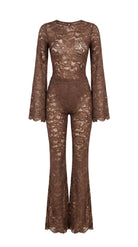 Regal brown Amalia Empress lace suit with dramatic flared sleeves.