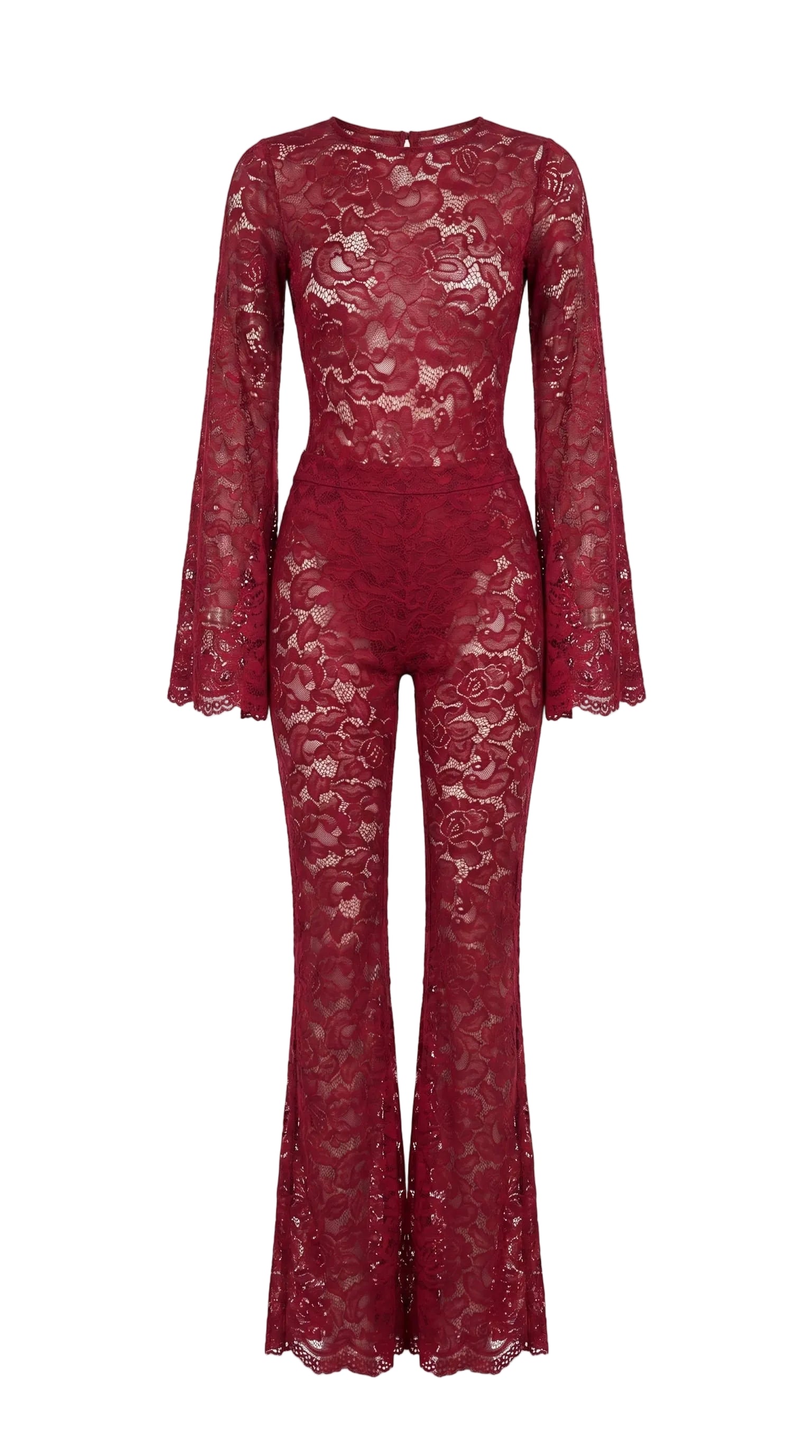 Regal red Amalia Empress lace suit with dramatic flared sleeves.