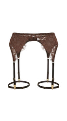 Product shot of the Amber brown lace garter belt on a white background, showing the scalloped lace trim and gold clip hardware.