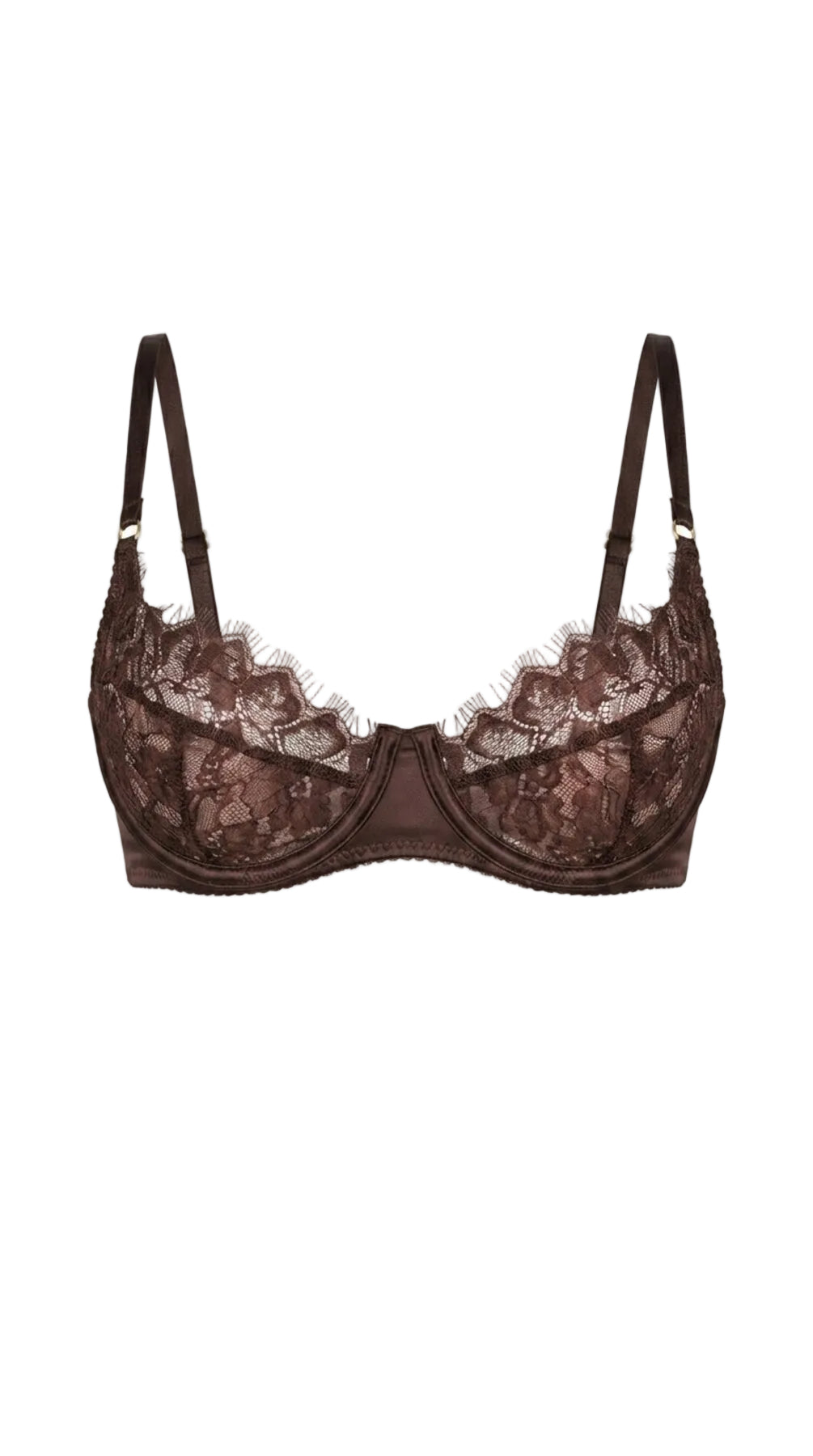 Product shot of the Amber brown lace bra on a white background, featuring sheer lace cups and satin underwire trim.