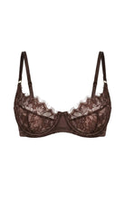 Product shot of the Amber brown lace bra on a white background, featuring sheer lace cups and satin underwire trim.