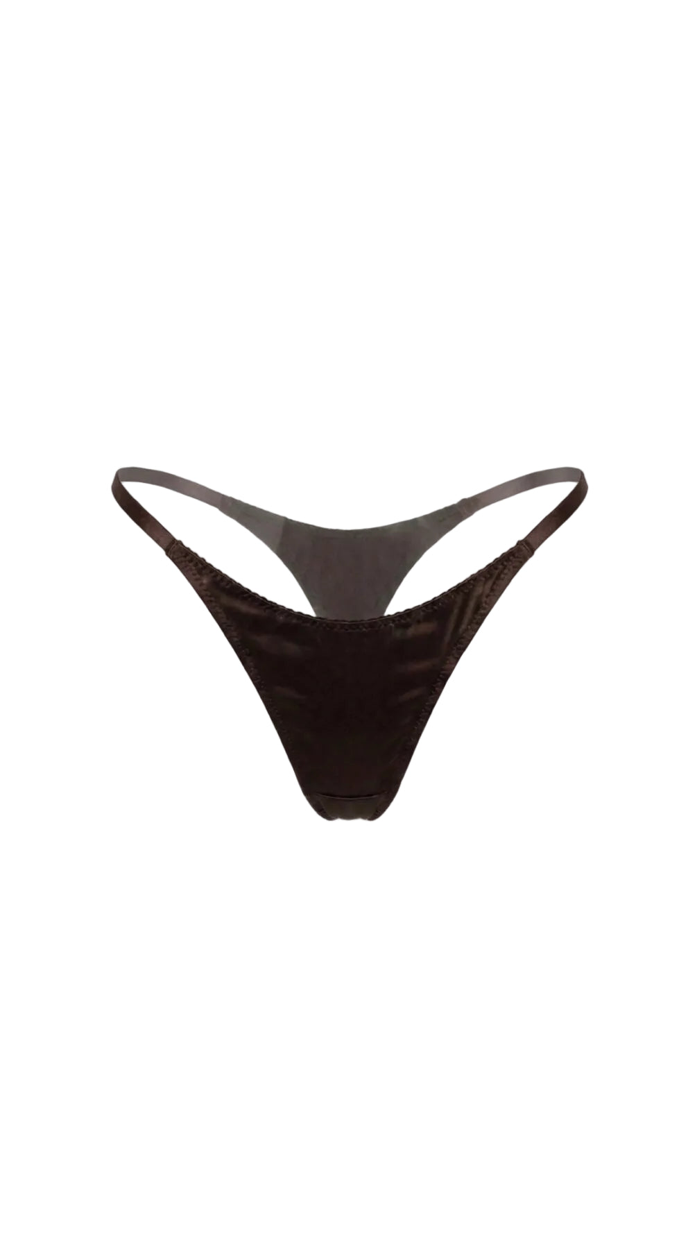 Product shot of the Amber brown satin thong on a white background, highlighting the thin adjustable straps and seamed construction.
