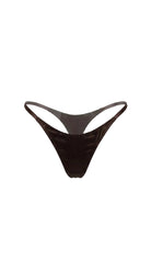 Product shot of the Amber brown satin thong on a white background, highlighting the thin adjustable straps and seamed construction.