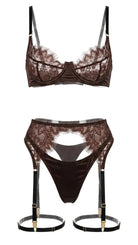 Product flat-lay of the Amber brown lace bra and garter belt set on a white background, showing the matching lace pattern and satin trim.