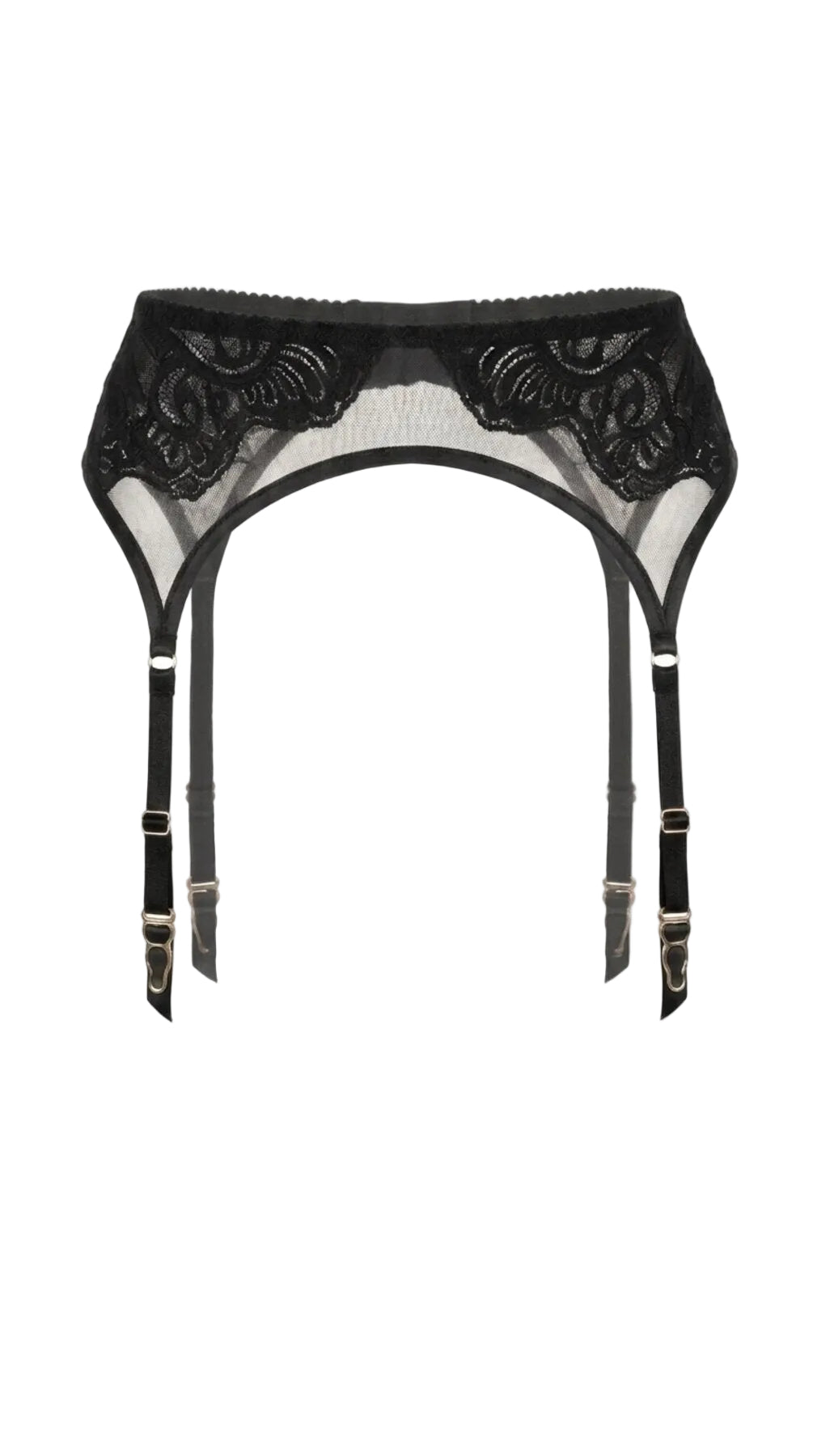 Flat-lay of the Amella black garter belt showing sheer mesh panels and floral lace scallop trim.
