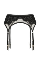 Flat-lay of the Amella black garter belt showing sheer mesh panels and floral lace scallop trim.